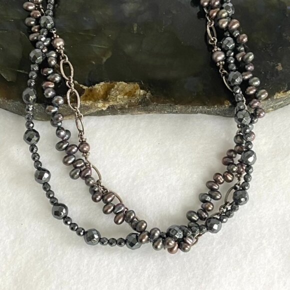 Sterling Silver 925 Triple Strand Peacock Pearl Hematite & Chain Necklace 17.5" - Picture 15 of 16